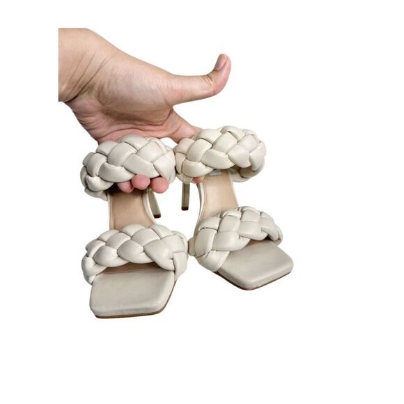 Steve Madden Sandals Size 6 Off White Kenley Slip On Open Toe Woven Heels - Picture 5 of 12